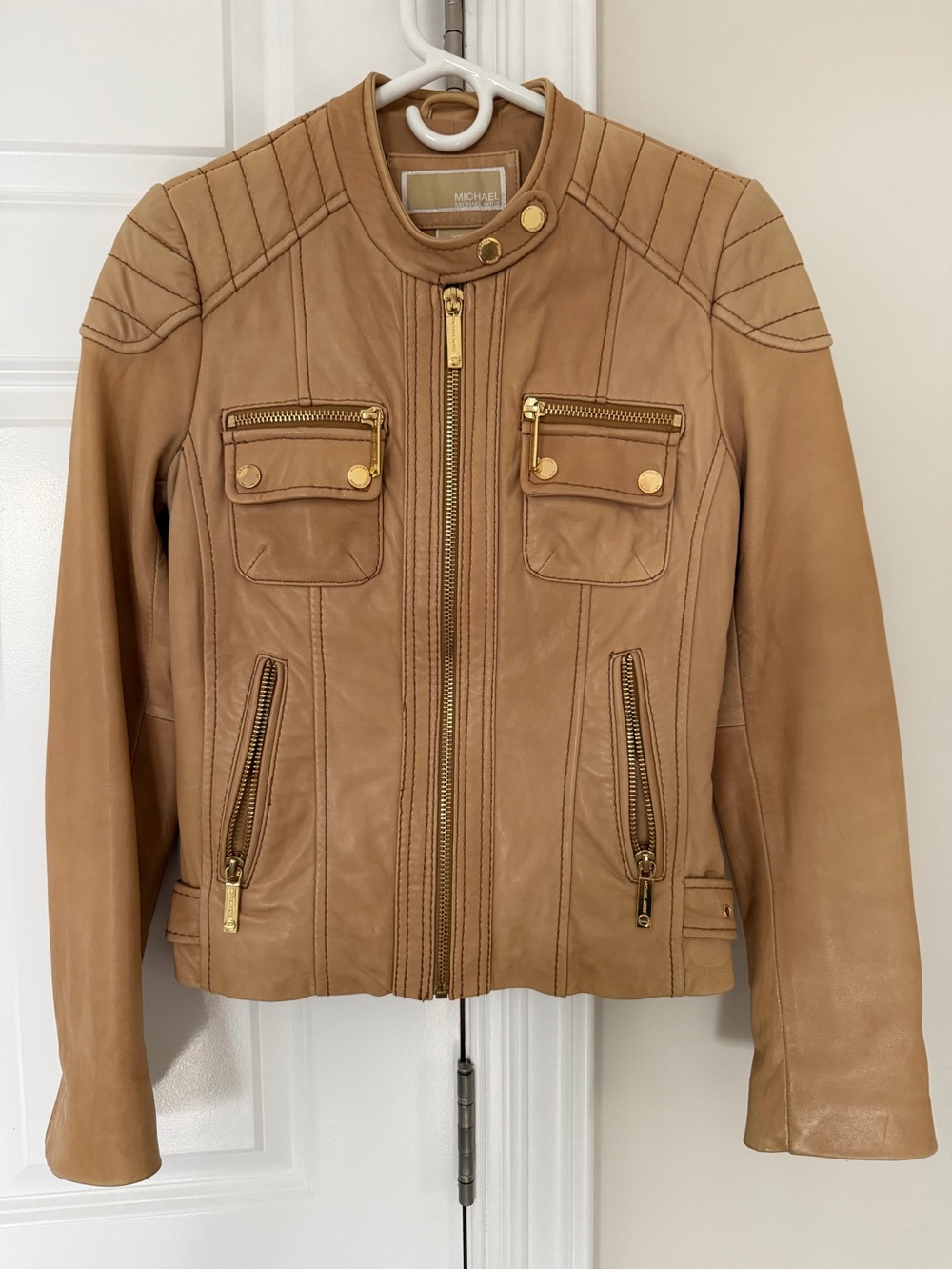Michael Kors Camel Tan Leather Moto Jacket with Gold Hardware